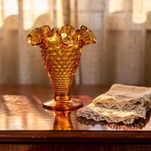 Fenton Glass Hobnail Ruffled Edge Amber Bud Vase 4" Vintage